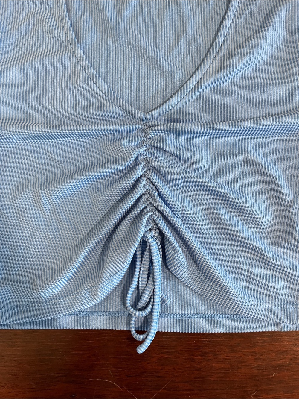 2bella Light Blue Ribbed V-Neck Ruched Drawstring Crop Top - Picture 2 of 3